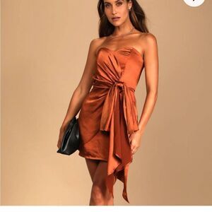 Lulu’s Midnight Rust Brown Satin Strapless Mini Dress Size Medium NWT